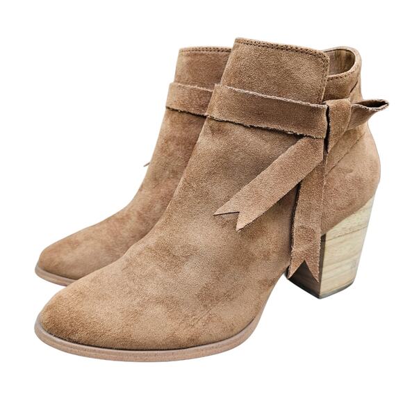 Bow Detail Booties Vegan Suede Free People  Faryl Robin Alameda Size 8 Tan Heel - Picture 1 of 12